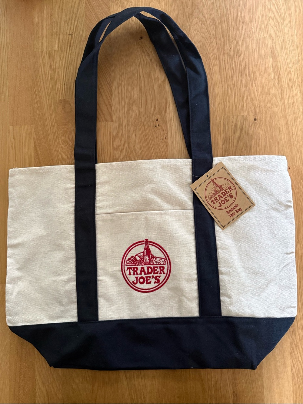 Trader Joe's full size Canvas Tote Bag in Cream and Navy with red logo NWT